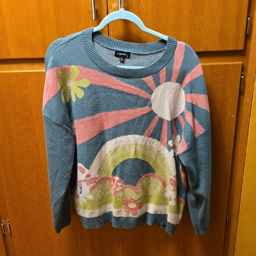Graphic Women's Sweater - Teal, Pink, and Yellow